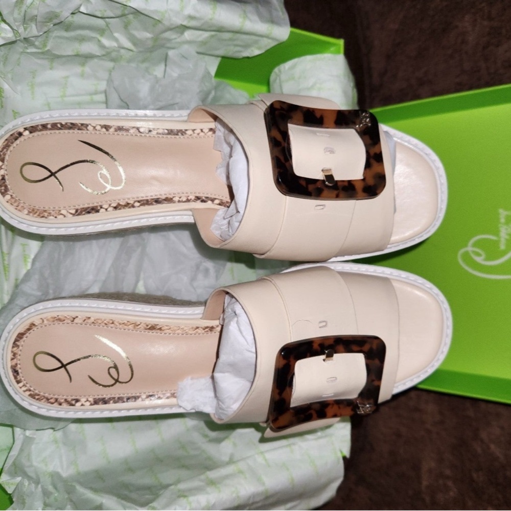 Sam Edelman Cream Slide Sandals with Tortoise Buckle